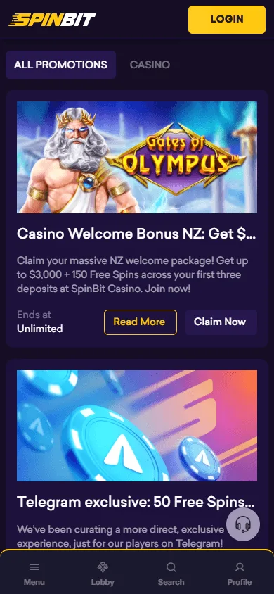 Spinbit Casino mobile browser promotions area with bonus offers