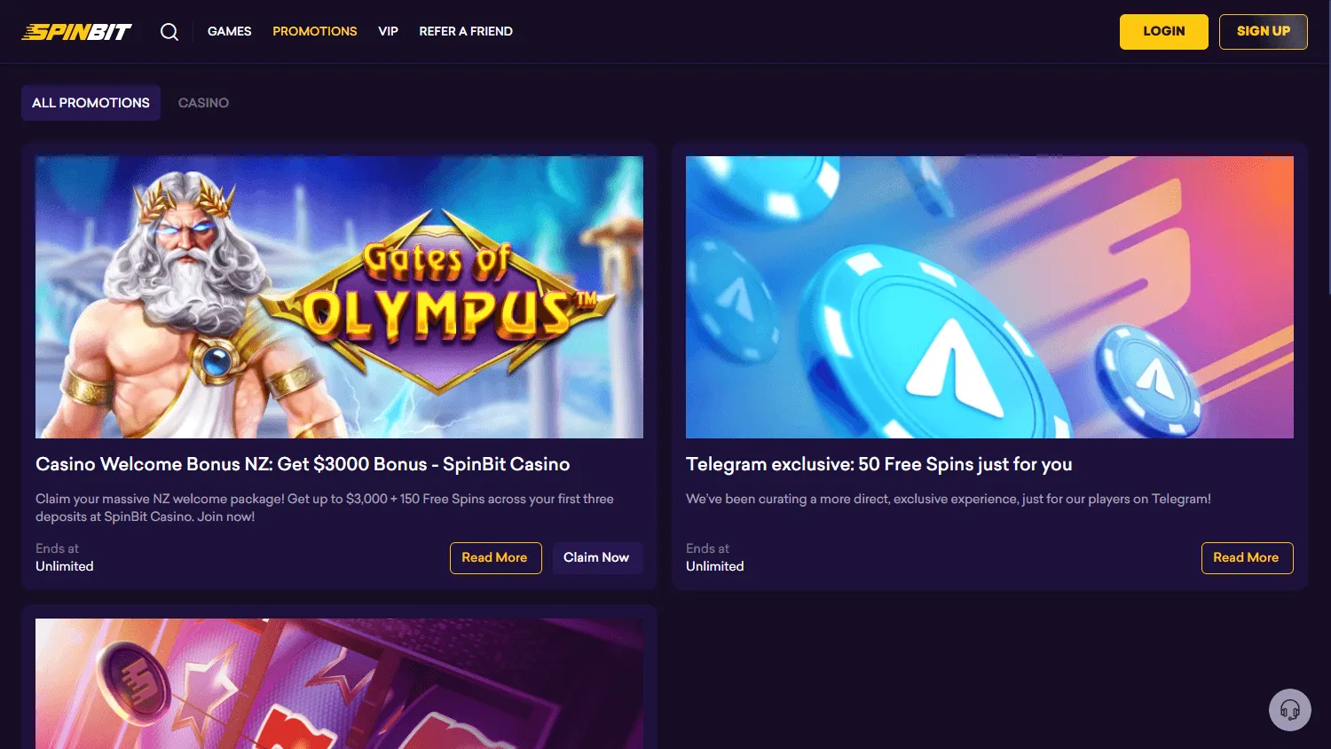 Spinbit Casino desktop promotions area with welcome package details