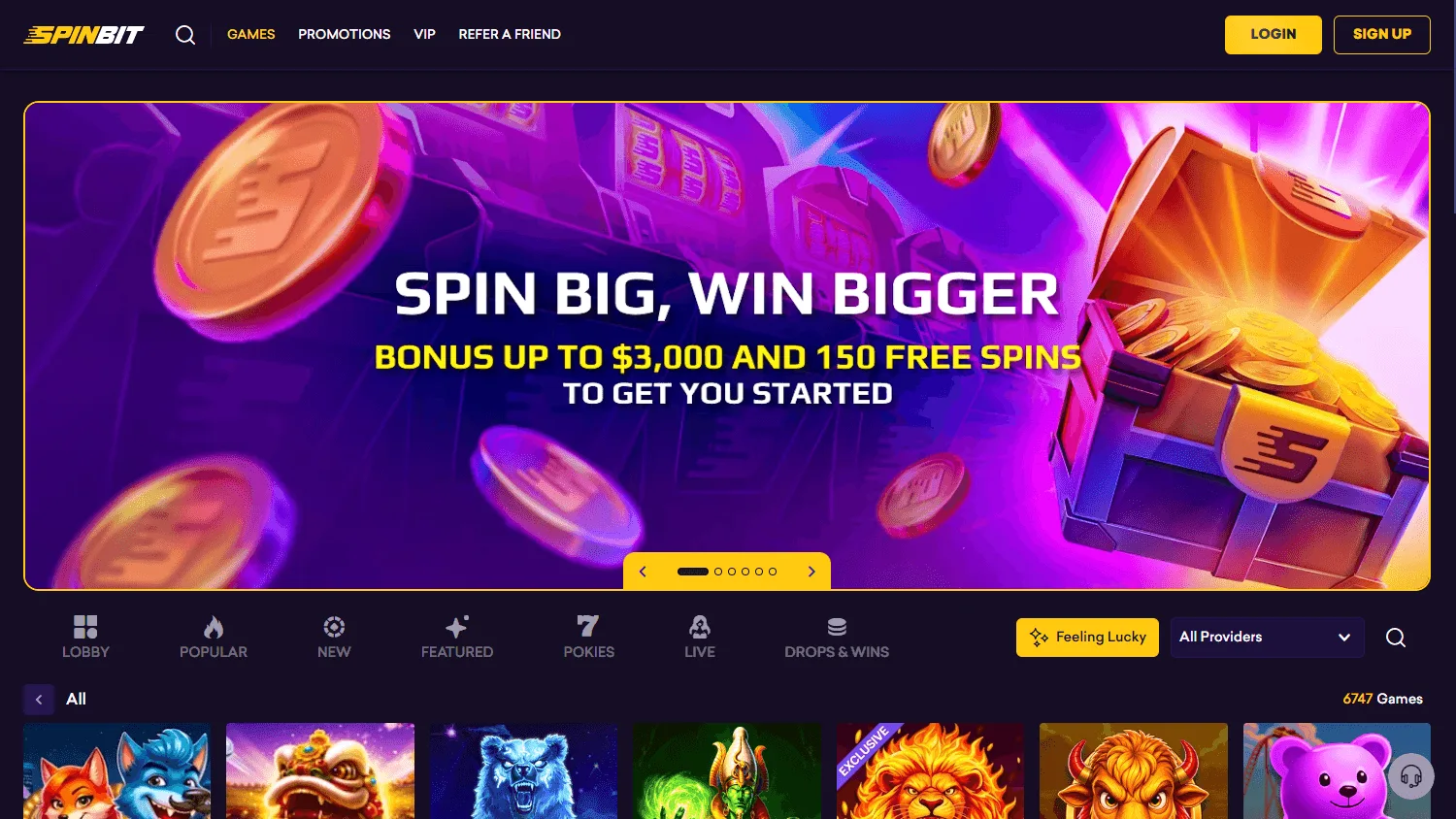 Spinbit Casino desktop games interface with casino and live dealer categories