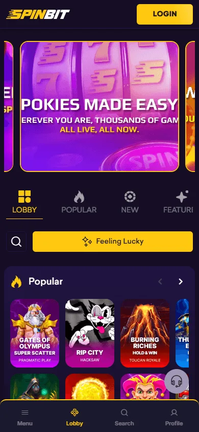 Spinbit Casino mobile browser home interface on an Android or iOS device