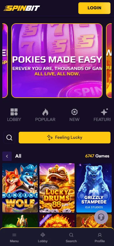 Spinbit Casino mobile browser games interface with casino categories