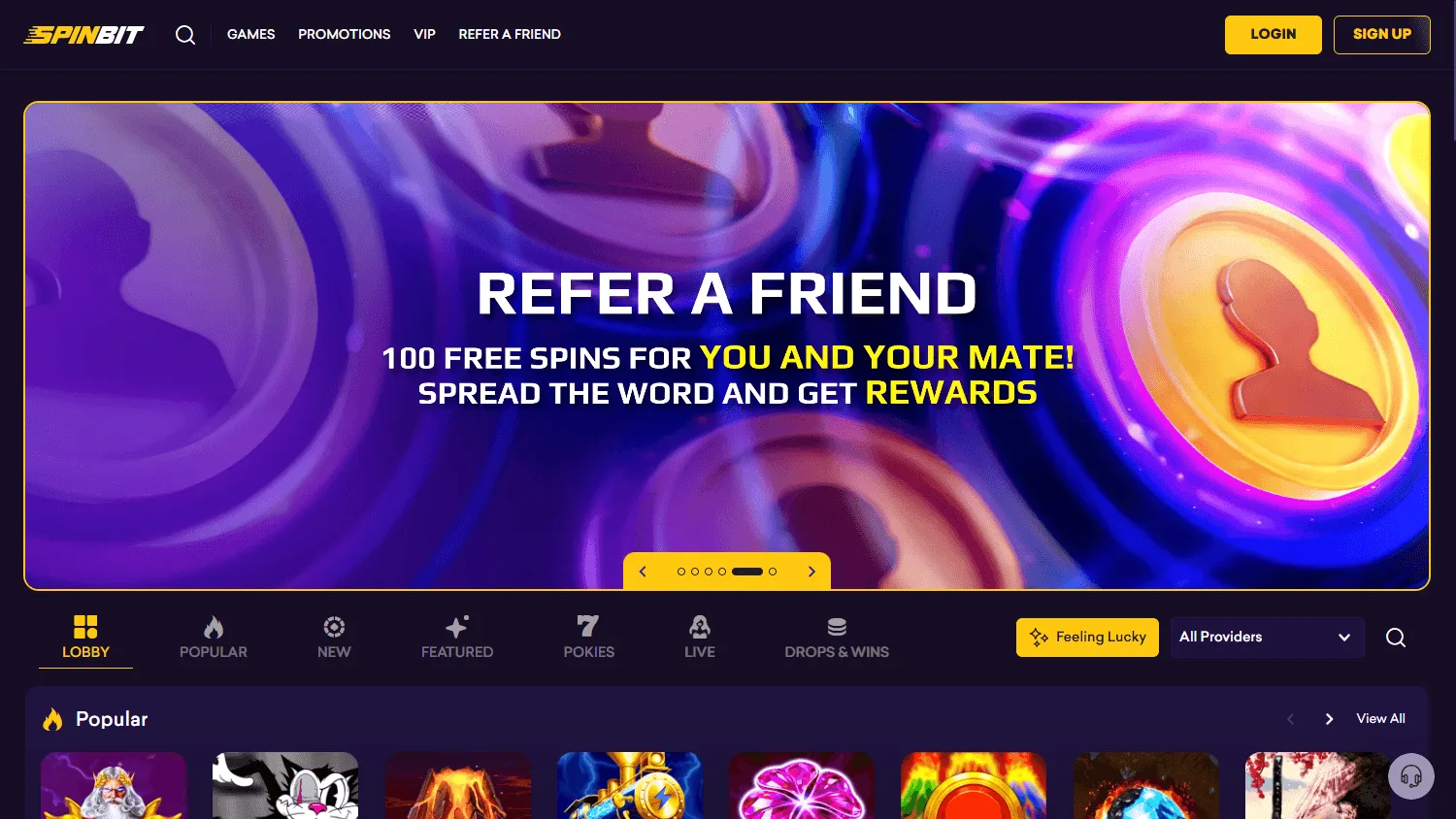 Spinbit Casino desktop home interface with casino access and welcome offer